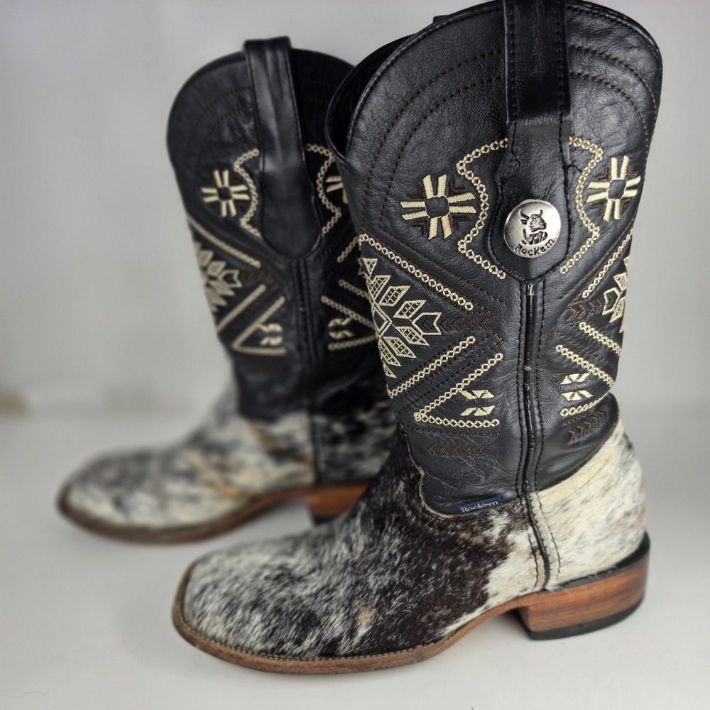 Rockem Cowhide Cowboy Boots Mens 7 EE Wide Aztec Hair On Hide Square Toe Black